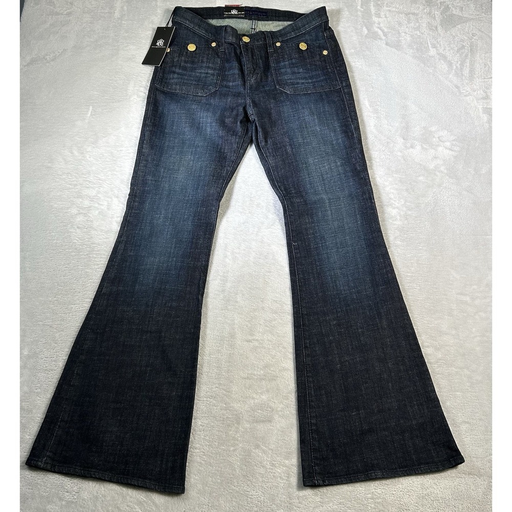 Rock & Republic Flare Jeans 12M Scorpion Vintage Vinyl Gold Buttons Flap Pockets
